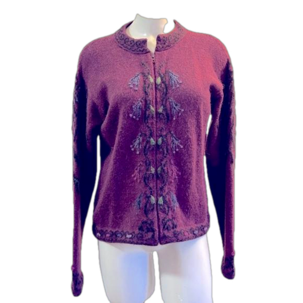 Caamana 100% Alpaca Hand Knit zippered floral Cardigan SMALL Made in Peru